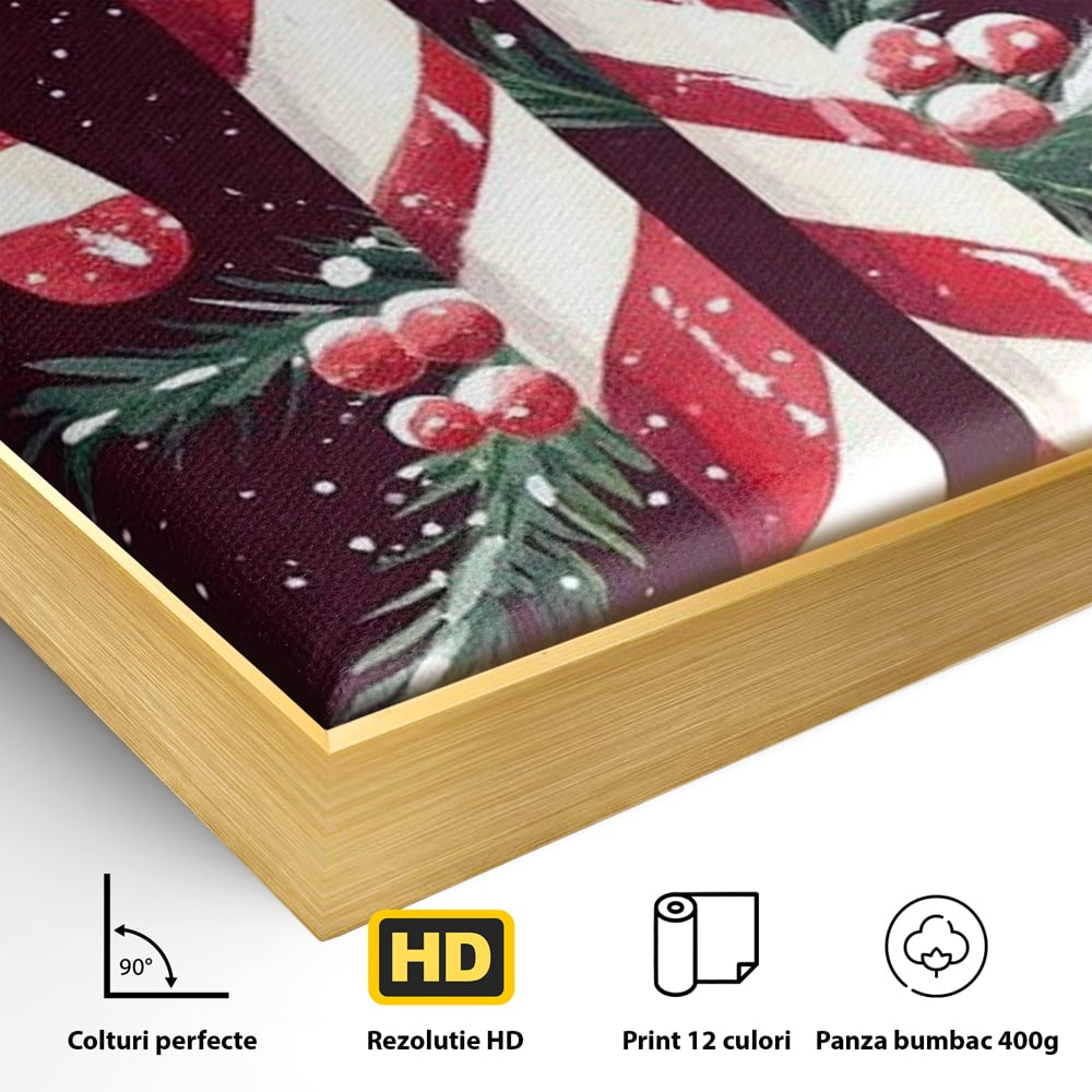 Detaliu al suprafetei: tablou canvas cu bastonase de zahar, in rama de aluminiu auriu